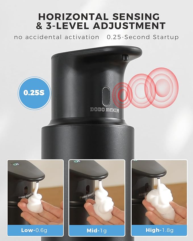 DODO MEKIA Automatic Foaming Soap Dispenser Touchless, 304 Stainless Steel Bottle Body & 16.2oz/480ml,USB Rechargeable, 3 Adjustable Liquid Levels, IPX7 Waterproof, for Kitchen Bathroom, Black