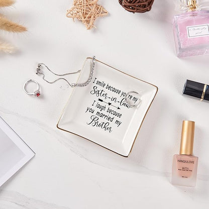 Spegiffu Sister in Law Gifts Ring Dish- I Smiled Because You're My Sister in Law Jewelry Dish Tray Trinket Dish, Birthday Gifts for Sister in Law Wedding Christmas Valentines Mother's Day Gift, White