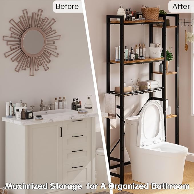 Insdiy Over The Toilet Storage with Side Shelf, 7 Tier Bathroom Organizer Rack with Paper Holder, Hooks and Basket, Freestanding Above Toilet Shelf for Laundry, Quick Interlock Install (Vintage Brown)