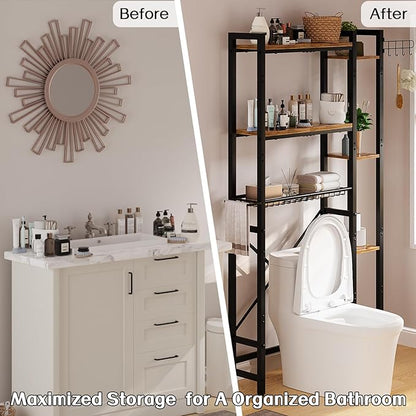 Insdiy Over The Toilet Storage with Side Shelf, 7 Tier Bathroom Organizer Rack with Paper Holder, Hooks and Basket, Freestanding Above Toilet Shelf for Laundry, Quick Interlock Install (Vintage Brown)