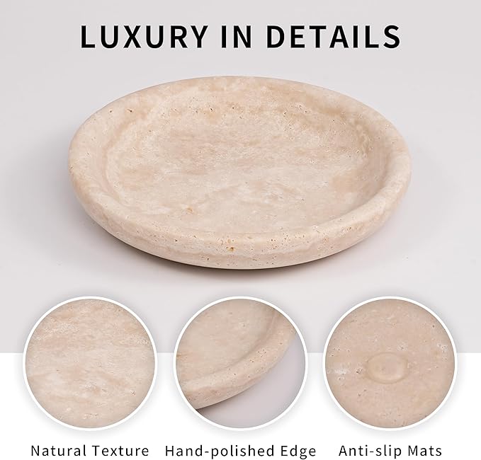 LWALMS Travertine Marble Jewelry Tray - Stone Trinket Ring Key Purse Holder Dish, Small Cute Round Plate Decorative Bowl for Nightstand Entryway Coffee Table Decor (5.5 inch)