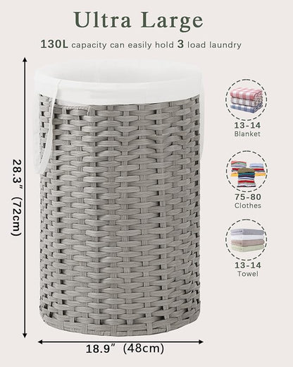 34.3 Gal (130 L) Large Laundry Hamper Laundry Basket Round Handwoven Wicker Laundry Baskets Rattan Laundry Basket with Removable Bag Handles 2 Mesh Bags for Living Room Bedroom Gray (No Lid)
