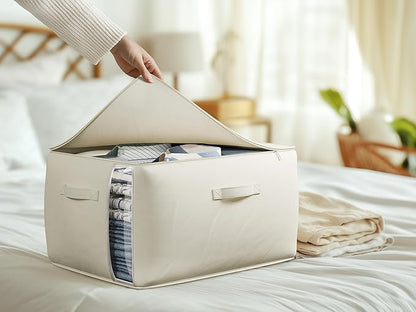 TomVista Large Canvas Clothes Storage Bags with Thick Handles and Clear Window, Foldable Cotton Linen Underbed Closet Organizer for Clothing, Blankets and Bedding, 60L, 6 Pack, Beige