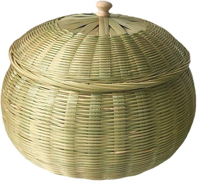 Cabilock Woven Storage Basket with Lid Round Organizer for Eggs Sundries Versatile Home Storage for Kitchen Bedroom Stylish Design