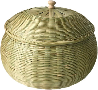 Cabilock Woven Storage Basket with Lid Round Organizer for Eggs Sundries Versatile Home Storage for Kitchen Bedroom Stylish Design