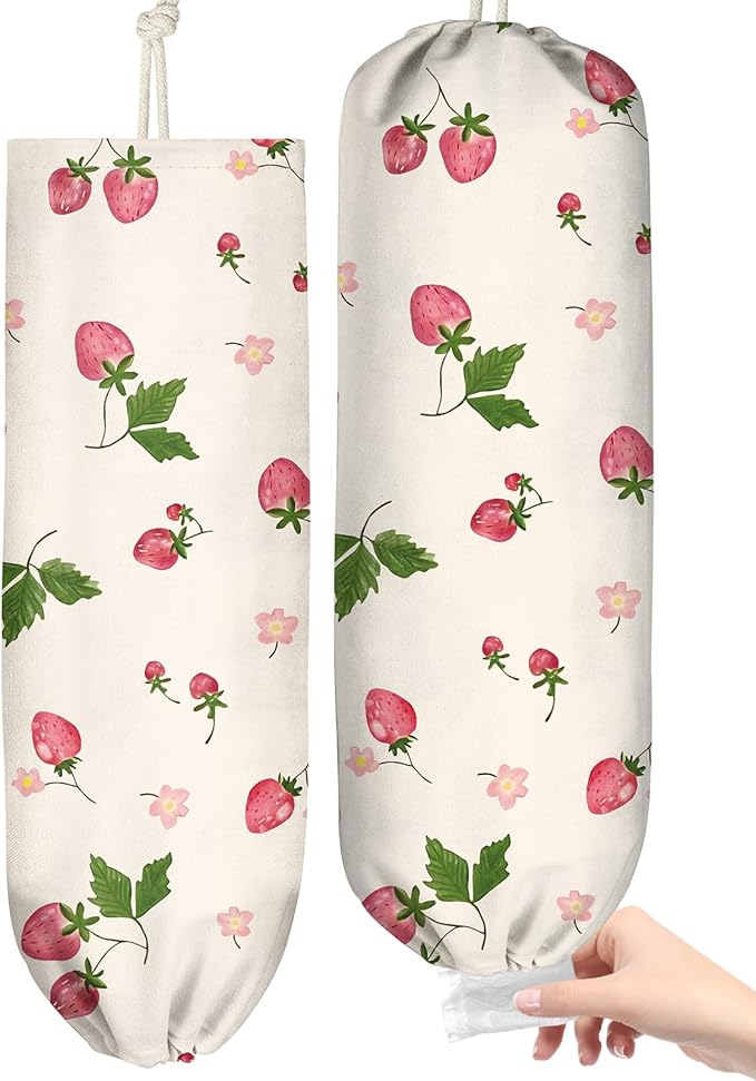 Plastic Bag Holder Organizer - 1 Pack Reusable Canvas Grocery Bags Holder Hanging Wall Cute Aesthetic Shopping Bag Storage Dispenser with Drawstring Closure for Kitchen Home, Strawberry