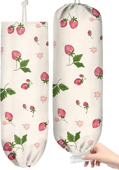 Plastic Bag Holder Organizer - 1 Pack Reusable Canvas Grocery Bags Holder Hanging Wall Cute Aesthetic Shopping Bag Storage Dispenser with Drawstring Closure for Kitchen Home, Strawberry