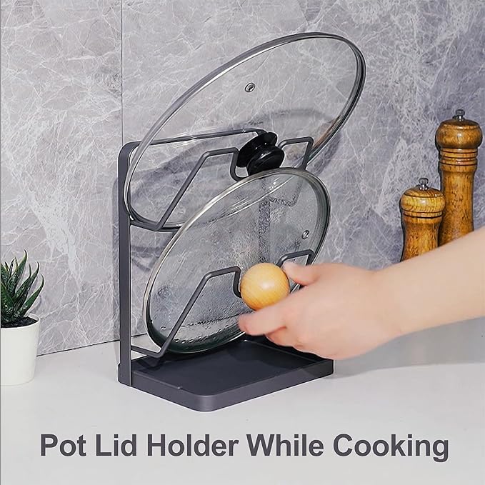 XCCK Pot Lid Holder While Cooking, Kitchen Pot Lid Storage Rack for stove top, Multifunctional Kitchen Pot Lid Organizer for Countertop (Iron,Dark Grey)