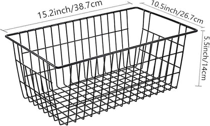 Redrubbit Wire Storage Baskets, Large Farmhouse Metal Freezer Basket Storage Organizer Bins with Handles for Kitchen Cabinets, Pantry, Closets, Bedrooms, Bathrooms, Set of 2, Black