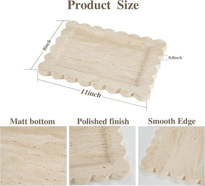 Luxury Beige Travertine Tray with Scalloped Edge, 11"x8" Rectangle Vanity Tray for Bathroom & Kitchen Counter, Decorative Organizer Tray for Dresser, Coffee Table, Home Décor