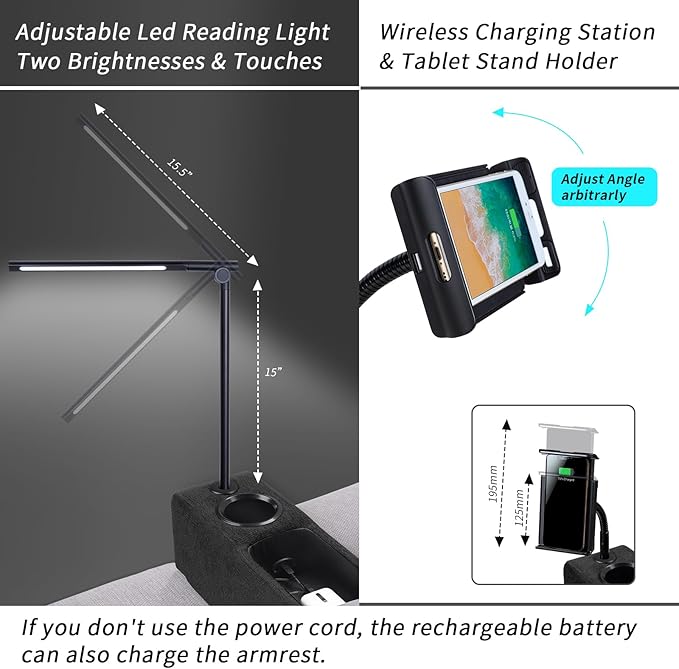 Multifunctional Sofa Armrest, Couch Armrest with Cup Holder, Removable Sofa Caddy with Storage,Equipped with LED Reading Light&Wireless Charge Stand, Black