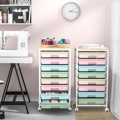 Rolling Storage Cart with Drawers,Utility Cart With 8 Drawers and Wooden Tabletop,Rolling Drawer Cart,Storage Drawer Cart for Living Room,Classroom,Bedroom,Bathroom,Dorm,Office,Rainbow