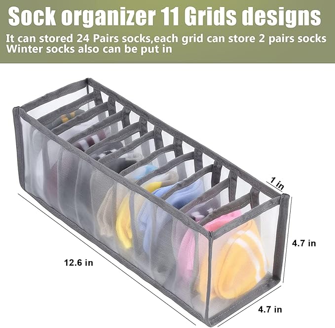 TOOVREN Sock Drawer Organizer 3 Pack, Mesh Foldable Cabinet Closet Organizers and Storage Boxes for Storing Underwear, Ties, Panties