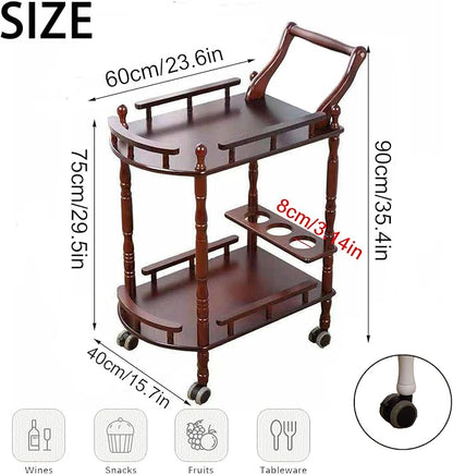 Bar Cart, Home Bar Service Cart with Wheels, 2-Layer Wine Mobile Trolley, Solid Wood Storage Rack with Bottle Rack, Mobile Food Cart Suitable for Home, Bar, Beauty Shop (Brown)