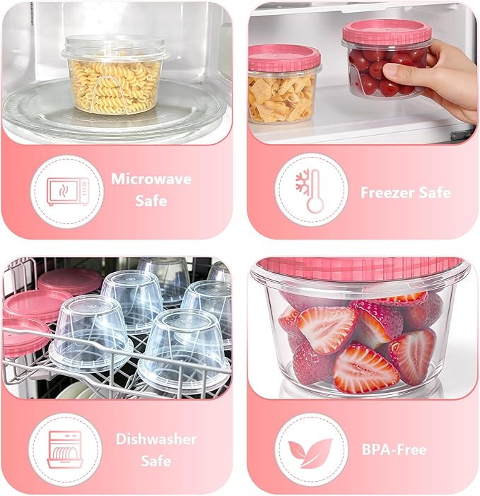 Slomg 10 Pack 16 oz Freezer Storage Containers with Pink Twist Top Lids, Small Plastic Food Storage Soup Meal Prep Containers, Leakproof Overnight Quart Containers for Lunch Leftover Fruit Salad Oat