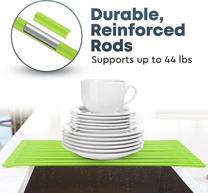 Zulay Kitchen Large Roll Up Dish Drying Rack - Heavy Duty Silicone Wrapped Steel Rods Over Sink Dish Drying Rack - Versatile Roll Up Sink Drying Rack & Trivet - Green,20.5 inches x 13 inches