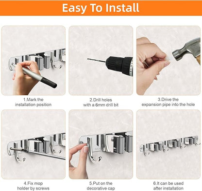 Mop and Broom Holder Wall Mount, Upgraded Broom Organizer Wall Mount, Stainless Steel Broom Hanger Wall Mount for Home Kitchen Garden Laundry Garage (4 Racks with 5 Hooks Silver)