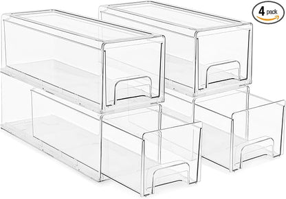 Sorbus Small Wide Clear Stackable Storage Drawers – 4-Pack Plastic Organizer Bins with Handles – Stackable Pull-Out Storage Drawers for Closet, Pantry, Office, Bathroom, Craft, and Toy Organization