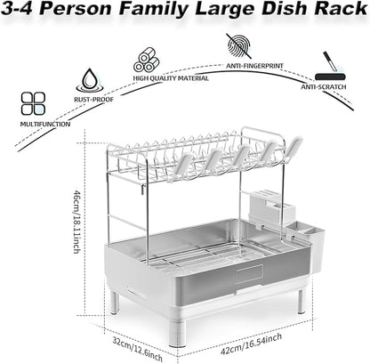 Ewaiira Large Dish Drying Rack, 304 Stainless Steel Dish Racks for Kitchen Counter, Automatic Drainage Spout, Rustproof Kitchen Dish Drainers with Drainboard, Utensil Holder & Glass Holder, White