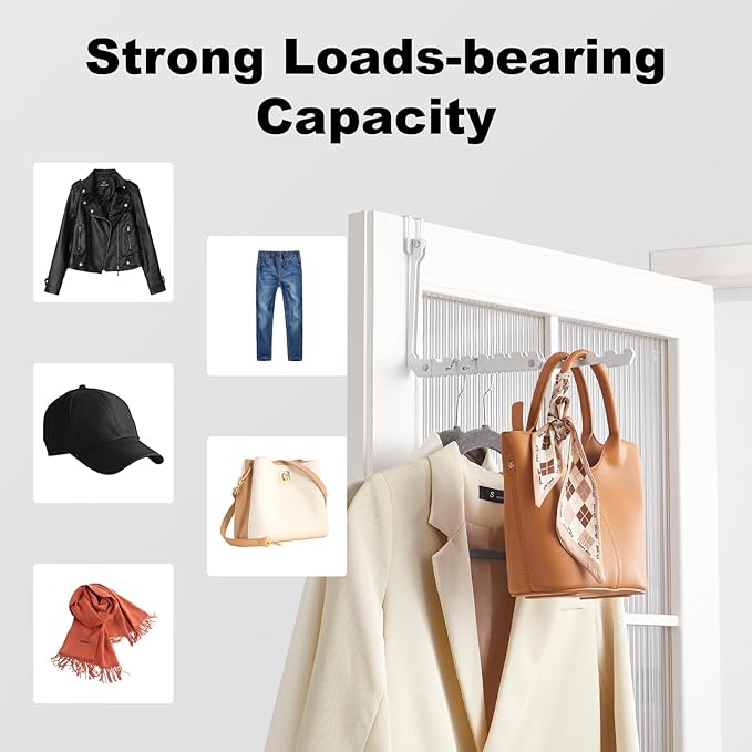 YAZYBHA Over The Door Hooks Hangers, 1 Pack Extend Foldable Over The Door Drying Rack for Laundry, Overdoor Hanger Hook with 6 Groves + 5 Ertra Groves for Towel, Coat, White