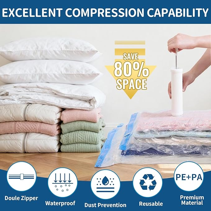 ZoeEnjoyLife Vacuum Storage Bags for Clothing Travel,7 Pack Vacuum Bags with Pump,Space Saver Bag for Clothes Travel & Home (2 Roll Up Bags,1 Small,1 Medium,1 Large,1 Jumbo,1 Super Jumbo)