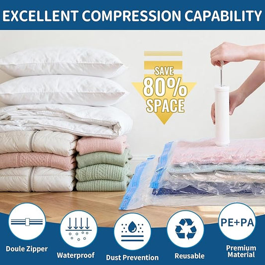 ZoeEnjoyLife Vacuum Storage Bags for Clothing Travel,7 Pack Vacuum Bags with Pump,Space Saver Bag for Clothes Travel & Home (2 Roll Up Bags,1 Small,1 Medium,1 Large,1 Jumbo,1 Super Jumbo)