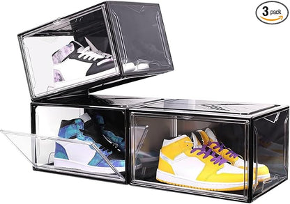 KDOR Clear Shoe Boxes Stackable, 3 Pack Shoe Storage Box with Lids Magnetic Door, Clear Sneaker Storage Acrylic Boxes for Display, Fit Shoe Size Up to US 15