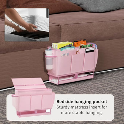 Frjjthchy Bedside Caddy, Bed Organizer with 11 Pockets and Power Strip Holder, Versatile Bedside Storage Caddy for Home,Dorm,Bunk,Hospital,Crib Bed (2 Pack Pink)