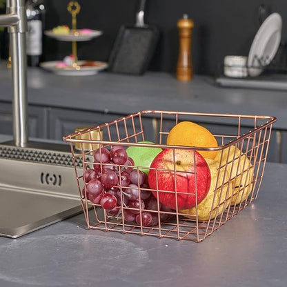 Wire Kitchen Storage Basket 5 Packs,Perfect Pantry Organization Accessories Baskets,Laundry Basket,Countertop Organization,Suitable for Kitchen,Bathroom,Bedroom,Tabletop,Rose gold