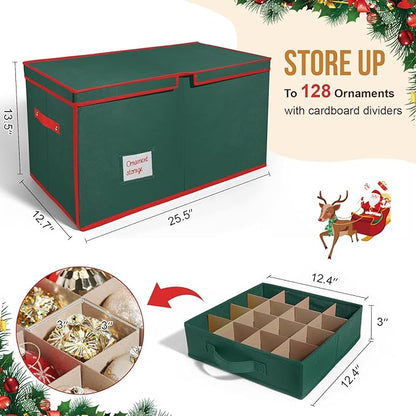 WDZREE Premium Large Christmas Ornament Storage,Box with Side Open, Drawer Style Trays -3" Compartment, 8 Trays, Keeps 128 Holiday Ornaments -Made of Durable 600D Oxford Fabric Tear-Proof Material