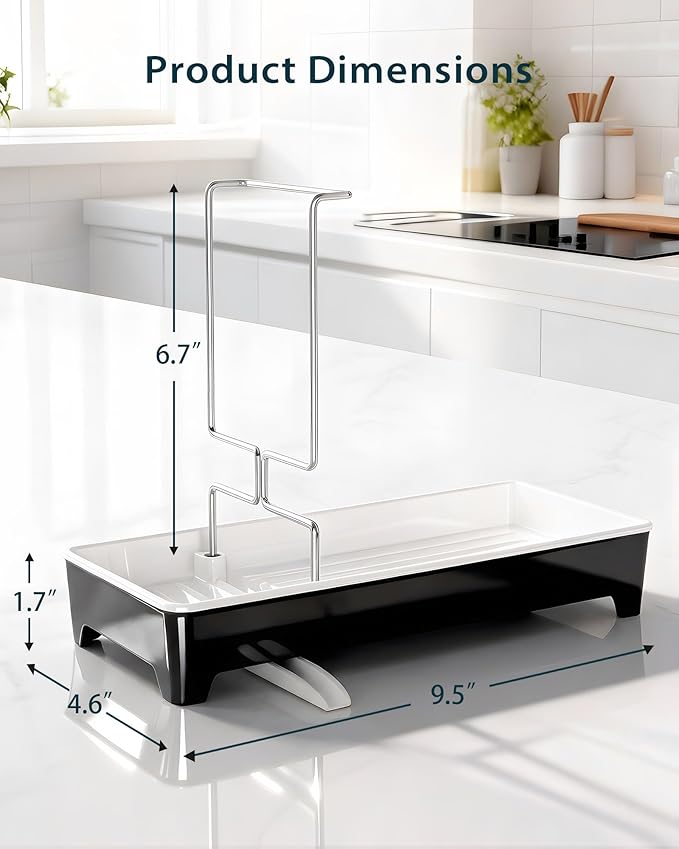 Caumic Minimalist Sink Caddy, Rustproof Sponge Holder for Kitchen Sink with 304 Stainless-Steel Brush Holder, Countertop Rack Organizer with Raised Ridges & Silicone Drain Tube (Black)