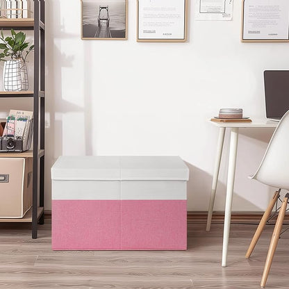 INDRESSME 25"x13"x16" Large Toy Storage Box with Lid, Collapsible Storage Organizer Baby Toy Storage for Kids Boys Girls, Toy Bin Organizer for Nursery, Bedroom, Living Room (Pink & White)