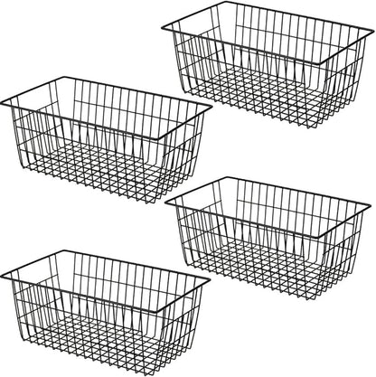 SANNO Freezer Basket Organizer, Refrigerator Metal Wire Storage Divider, Household Container Bins with Handles for Kitchen, Bathroom, Office, Camping, Black,Set of 4