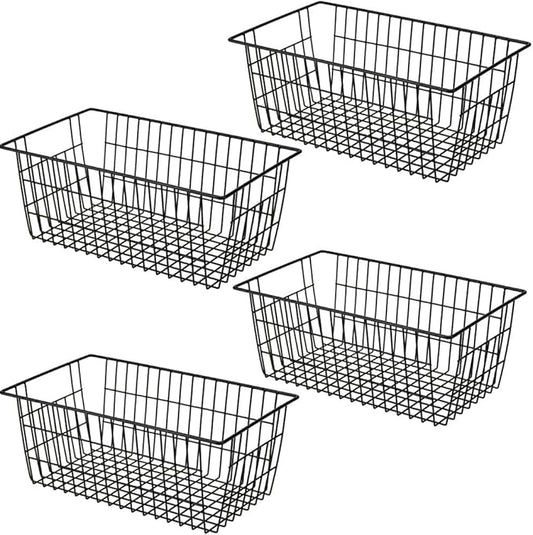 SANNO Freezer Basket Organizer, Refrigerator Metal Wire Storage Divider, Household Container Bins with Handles for Kitchen, Bathroom, Office, Camping, Black,Set of 4