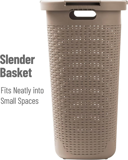 Mind Reader Slim Laundry Hamper with Lid, 60L Clothes Basket, Premium Wicker Design, Plastic, Tan