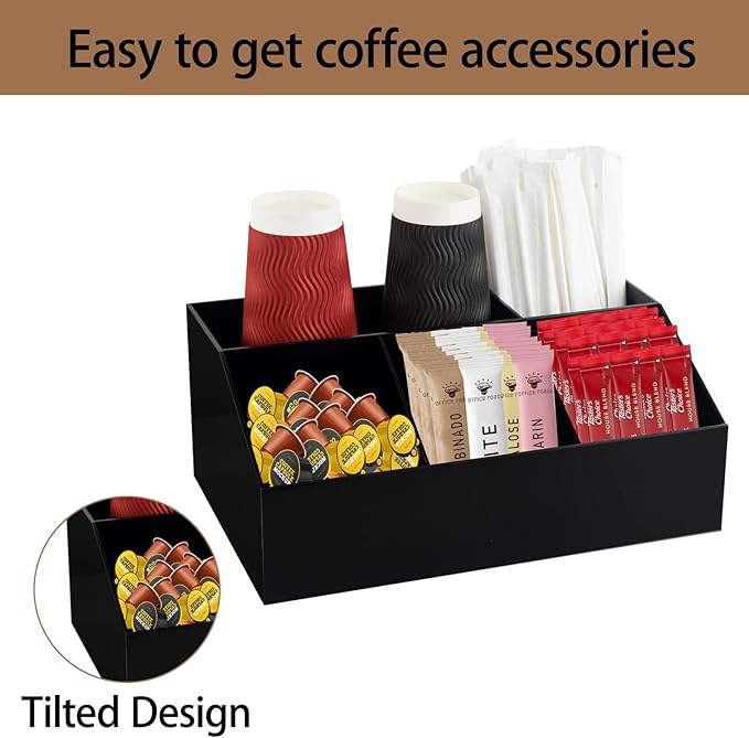 Coffee Bar Station Organizer for Countertop, Acrylic Coffee Pods Sugar Packets Tea Bags Storage Basket for Countertop, Black