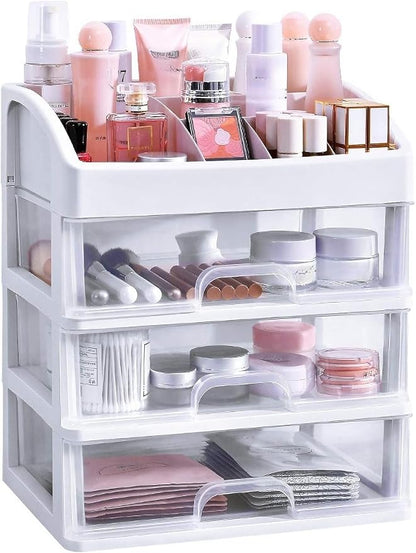Simbuy Makeup Organizer with 3 Drawers, Bathroom Vanity Countertop Storage for Cosmetics, Brushes, Lotion, Nail Lipstick and Jewelry (White)
