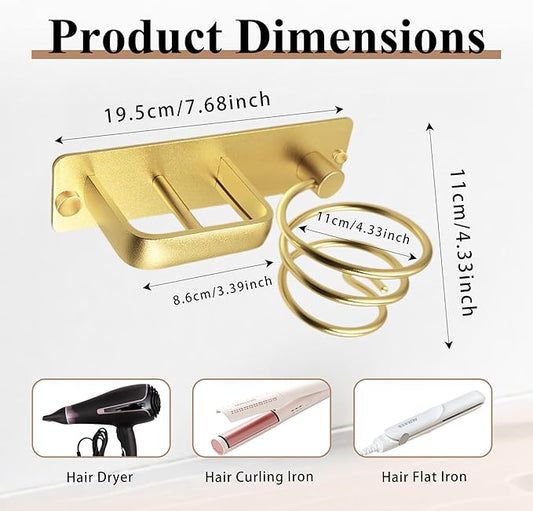 OlBuWa Hairdryer Holder Spiral Shelf Bracket Stand Hanger Organizer Blow Storage with Cable Tidy Rack for Bathroom Gold