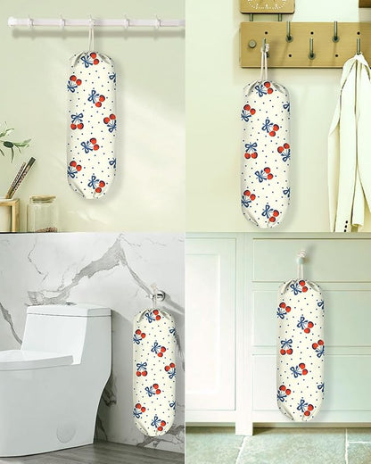 Plastic Bag Holder, Grocery Bag Organizer - 1 Pack Cute Kitchen Dispenser Holders Reusable Shopping Western Hanging Wall with Adjustment Drawstring Closure for Women Home, Cherry