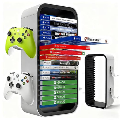 wigmoa Game Storage Tower【15.8INCH】 Compatible with PS5/ Xbox Series S & X/Switch, Universal Video Games Discs Organizers 18 PCS with 4 Controllers Holder, Game Disk Rack Shelf. OYO-1 (White/Black)