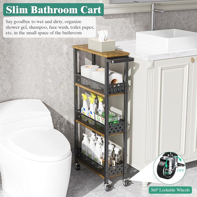 Giwil 4-Tier Slim Rolling Storage Cart for Kitchen Bathroom Organizer, Mobile Narrow Storage Cabinet Utility Cart with Wood Rack on Wheels for Pantry Laundry Small Space