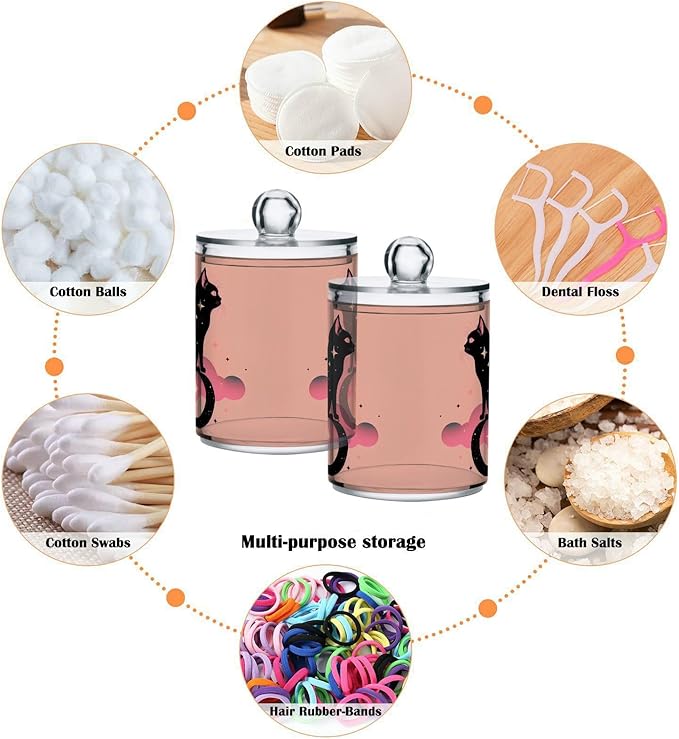 MNSRUU 2 Pack Qtip Holder Organizer Dispenser Black Cat Pink Bathroom Storage Canister Cotton Ball Holder Bathroom Containers for Cotton Swabs/Pads/Floss