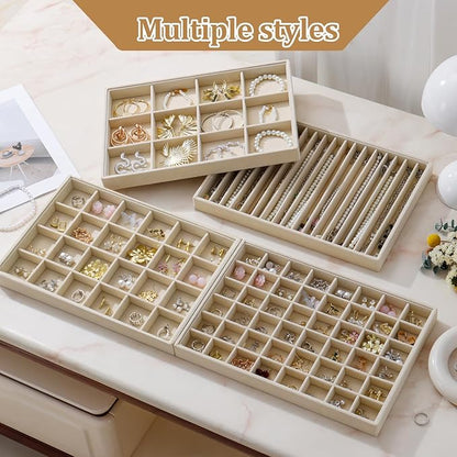 KATISYIO Large Jewelry Drawer Organizer Trays Set of 4, Stackable Velvet Jewelry Trays Organizer Holder Display Storage Showcase for Earring Necklace Bracelet Ring Accessary (Beige, 12+17+24+48 Grids)