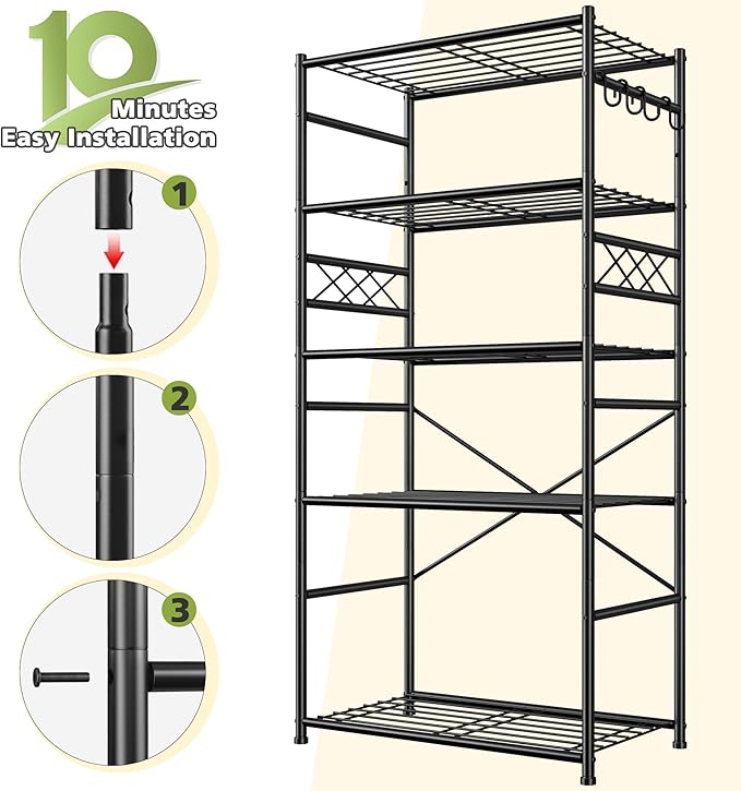 Metaling Shelving 5 Tier Shelf Organizer with Hooks,Storage Shelves Heavy Duty Garage Shelves Unit with Leveling Feet,Wire Shelving for Pantry, Kitchen and Closet,23.6" W x 13.8" Dx72.4 H