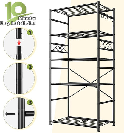 Metaling Shelving 5 Tier Shelf Organizer with Hooks,Storage Shelves Heavy Duty Garage Shelves Unit with Leveling Feet,Wire Shelving for Pantry, Kitchen and Closet,23.6" W x 13.8" Dx72.4 H