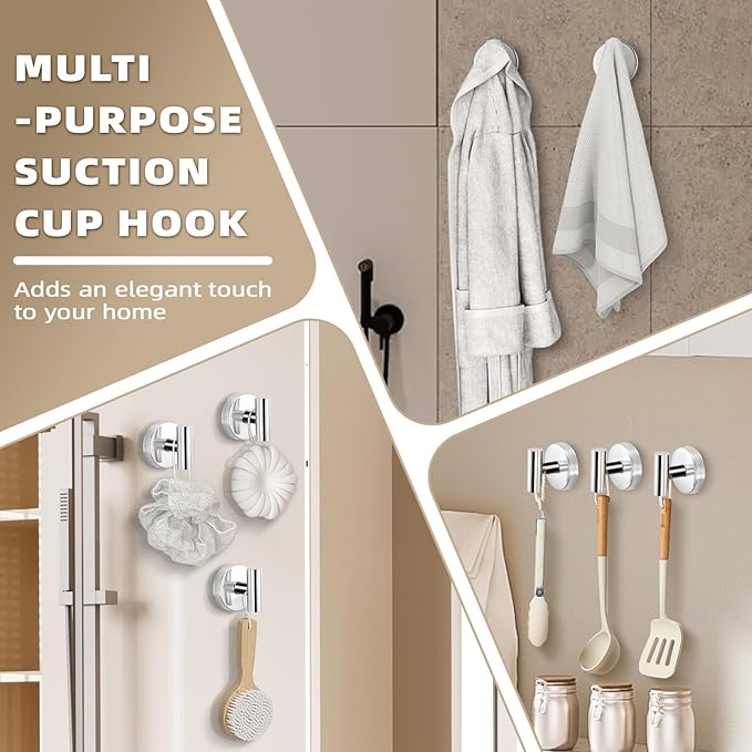 Fenas Suction Cup Hooks for Shower - Bathroom Reusable Hooks for Towels, Robes & Loofah - No-Drill Mounting on Kitchen,Walls,Metal,Glass,Mirrors,Tile & Smooth Non-Porous Surfaces (2, Chrome Polished)