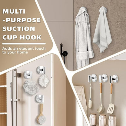 Fenas Suction Cup Hooks for Shower - Bathroom Reusable Hooks for Towels, Robes & Loofah - No-Drill Mounting on Kitchen,Walls,Metal,Glass,Mirrors,Tile & Smooth Non-Porous Surfaces (2, Chrome Polished)