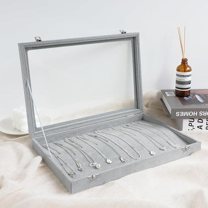 Wudygirl 20 Hooks Necklace Organizer Velvet Jewelry Organizer Showcase for Necklaces Jewelry Box Stackable Glass Top Lockable (Necklace Organizer)