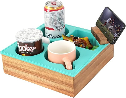 Couch Cup Holder Tray, Handy Soft Silicone Acacia Wooden Couch Caddy for Bed Car Seat Beach Organizer, Waterproof Anti-Spill Sofa Cup Holder for Snacks Beverage Remote (Green)