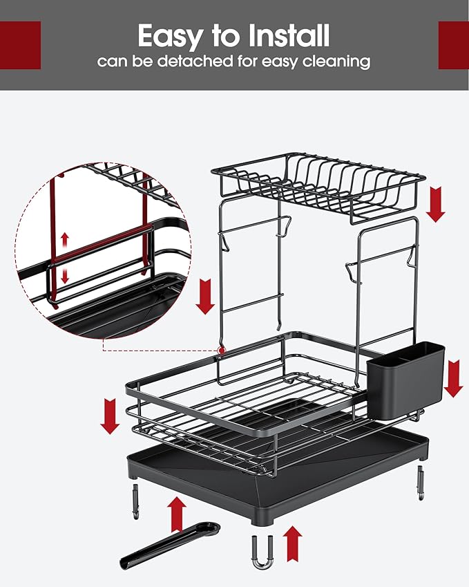 Sakugi Dish Drying Rack - X-Large Stainless Steel Dish Rack for Kitchen Counter, 2-Tier Kitchen Organizers and Storage for Dishes, Bowls, Cutlery, Black
